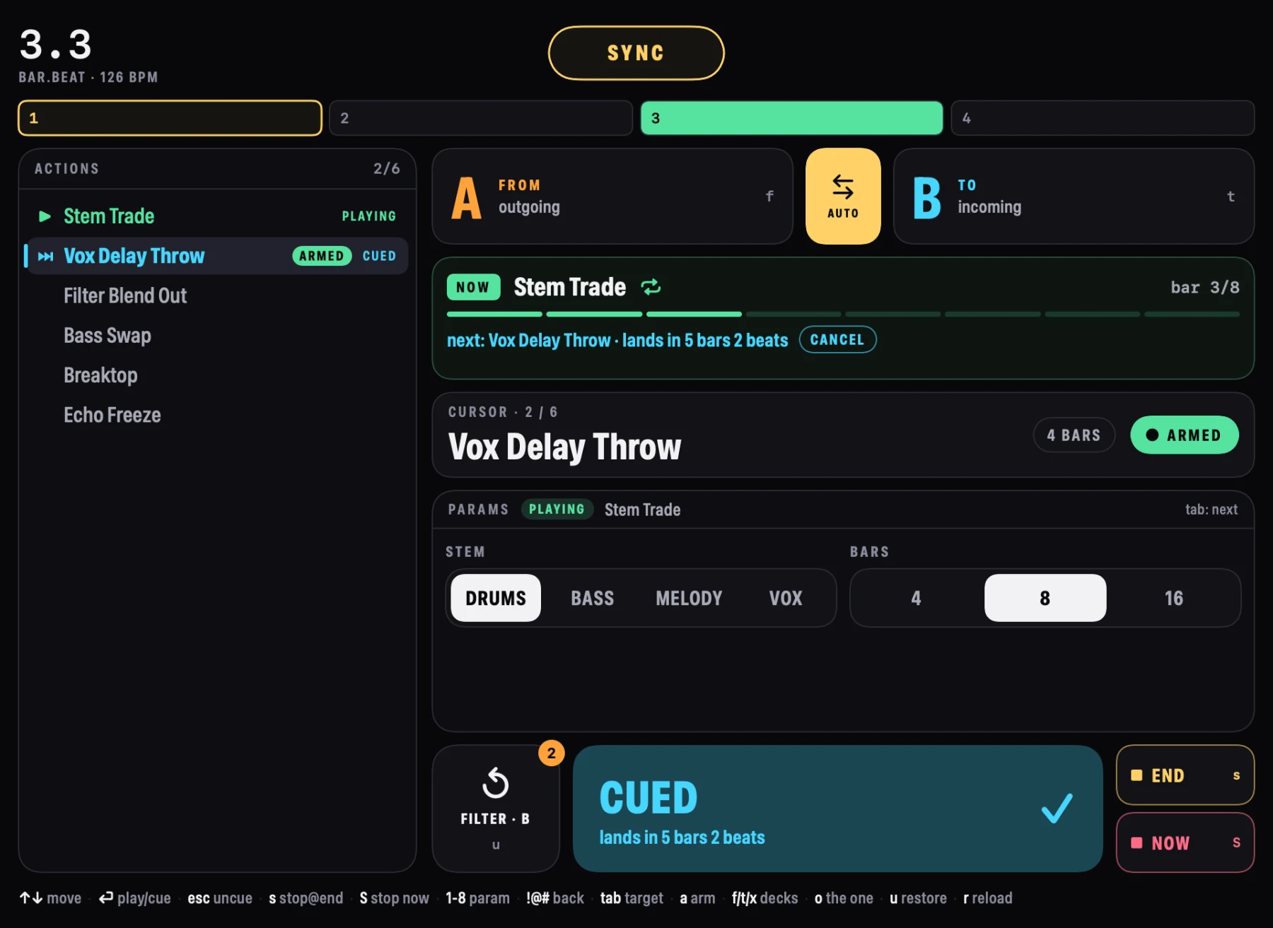 MFX Booth on the Mac: Stem Trade playing, Vox Delay Throw armed and cued to land in 5 bars, the action list and decks A and B