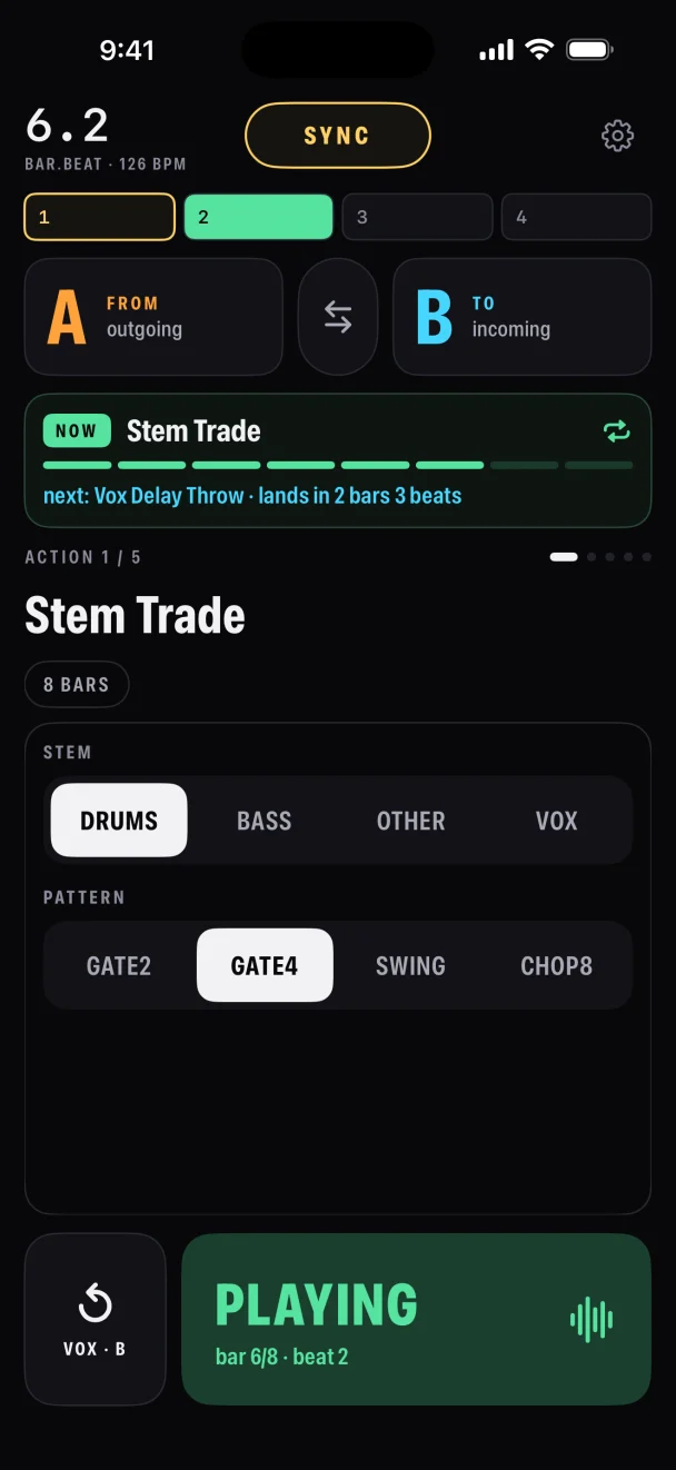 MFX Remote on iPhone: Stem Trade playing on deck A, Vox Delay Throw cued to land on the next bar